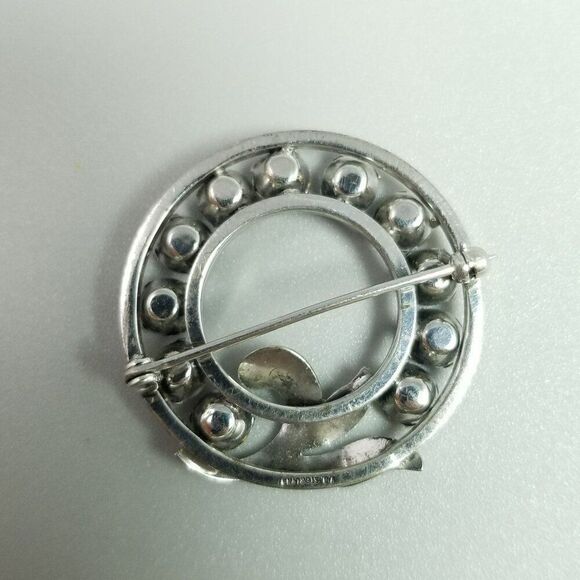 Vintage Sterling Silver Rhinestone Circle Wreath Brooch, Blue Red, Signed - Picture 3 of 8